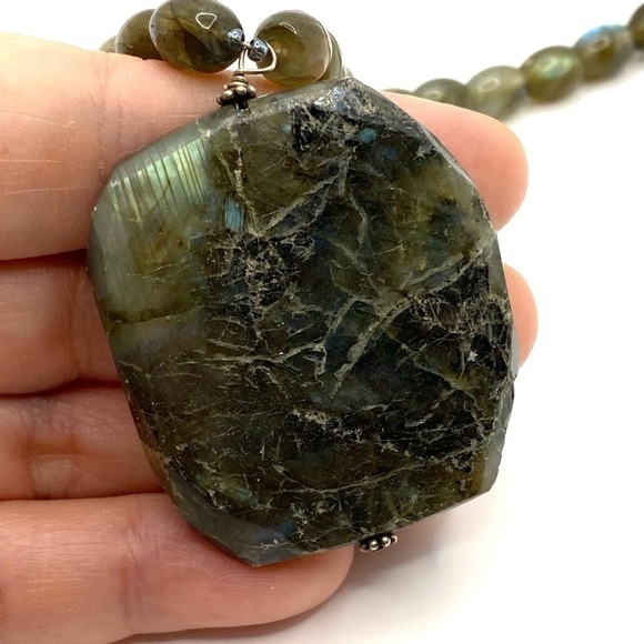 Natural Labradorite Beaded Necklace Faceted Pendant 16" +1.5” 925 Silver - Picture 3 of 9